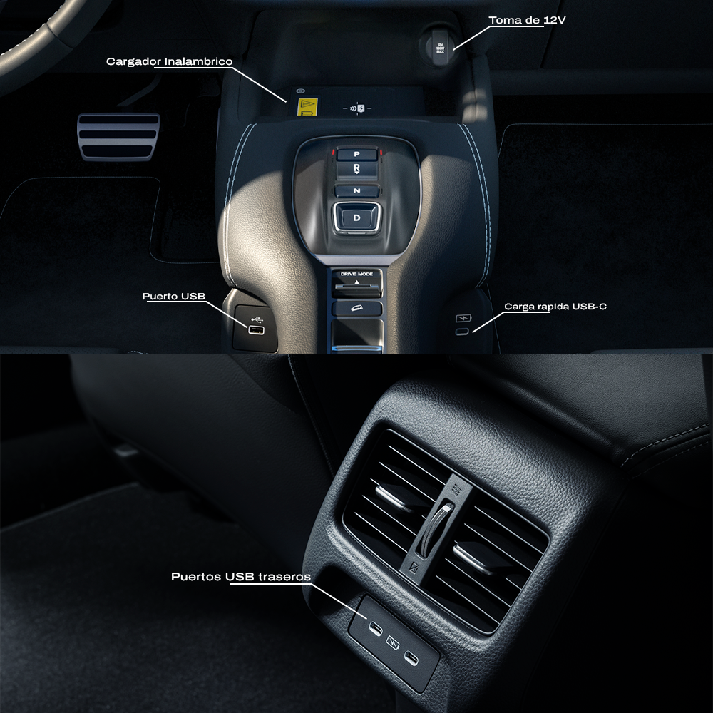 Cargador inalámbrico y puertos USB